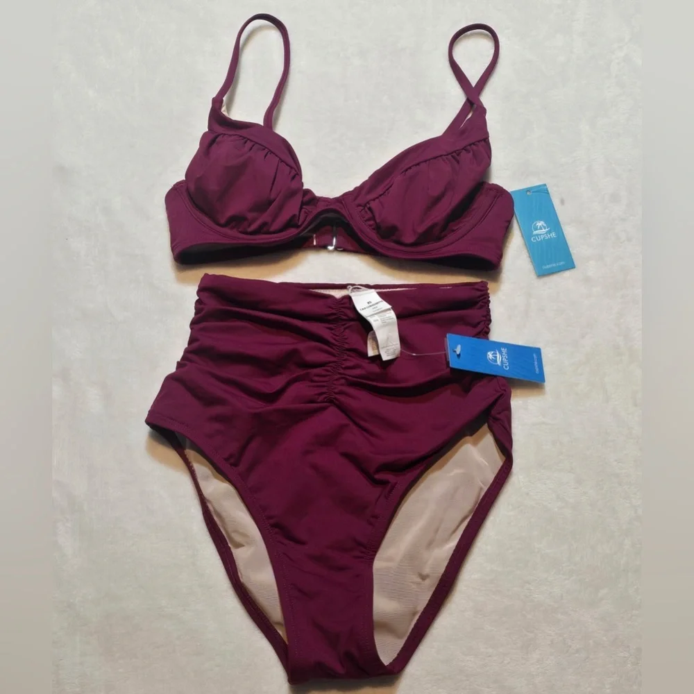 Cupshe Swim Plunging Bikini Top & High-Rise Sculpt Bottoms Set XS NWT